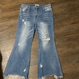 Risen Medium Wash Distressed Flare Jeans